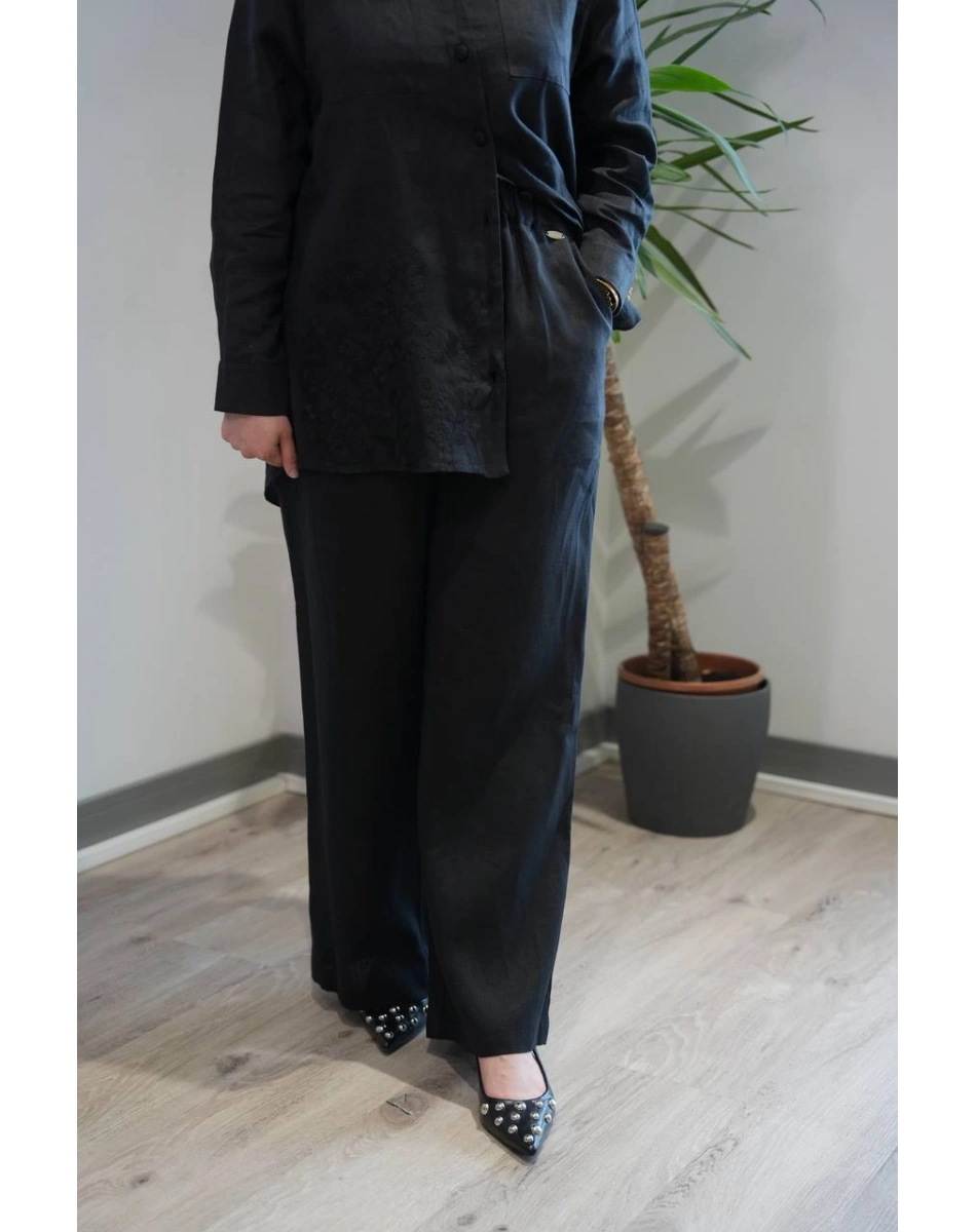 Miss Dalida 2267251 Siyah Beli Lastikli Bol Paça Keten Pantolon