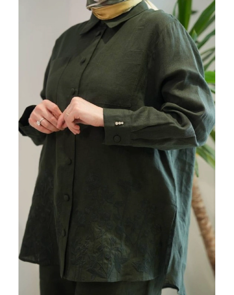 Miss Dalida 2263251 Haki Nakış İşlemeli Keten Gömlek
