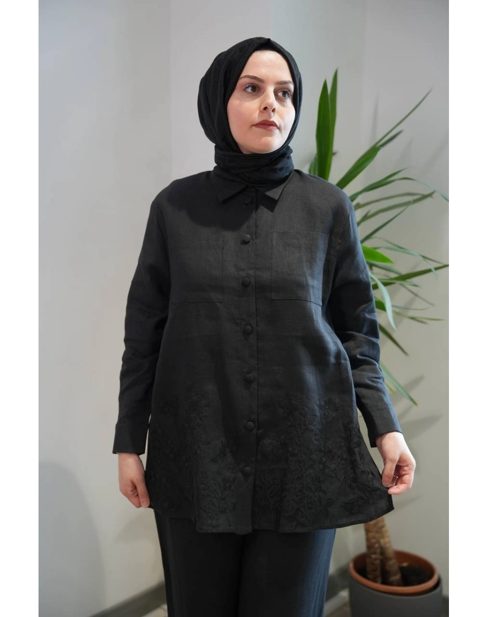 Miss Dalida 2263251 Siyah Nakış İşlemeli Keten Gömlek
