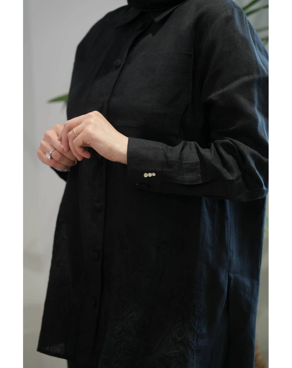 Miss Dalida 2263251 Siyah Nakış İşlemeli Keten Gömlek