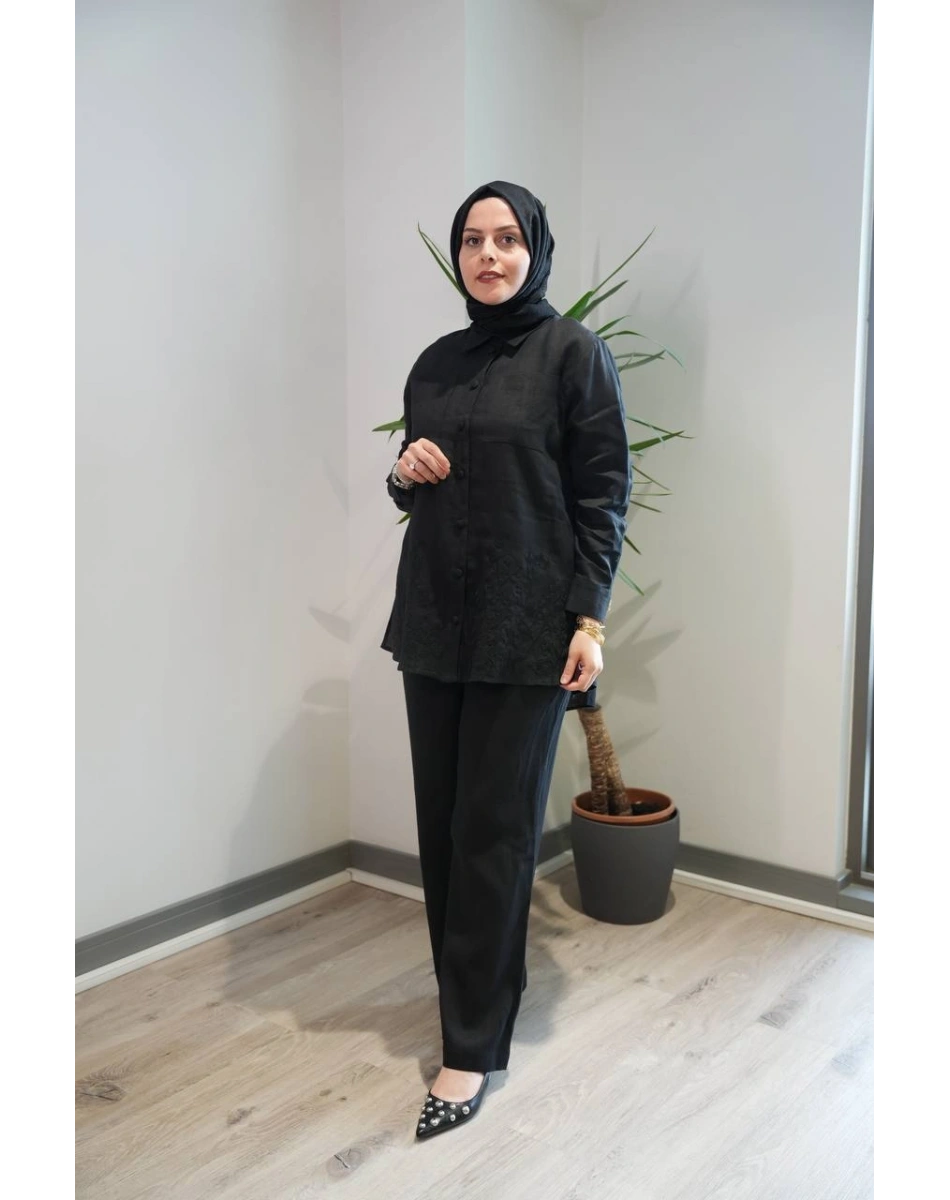 Miss Dalida 2263251 Siyah Nakış İşlemeli Keten Gömlek