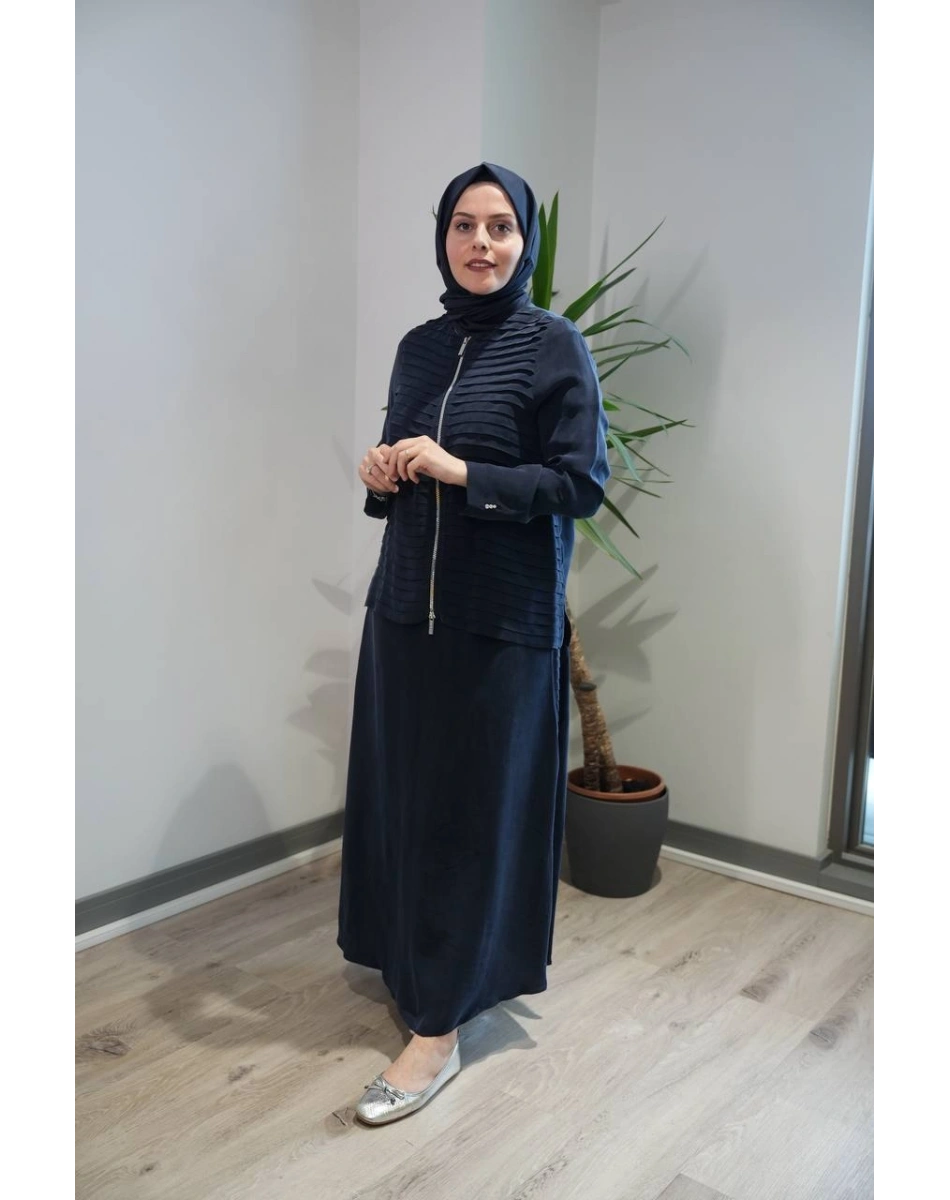 Miss Dalida T26Y-8212-2013 Lacivert Fermuarlı Şık Cupro Ceket Etek Takım