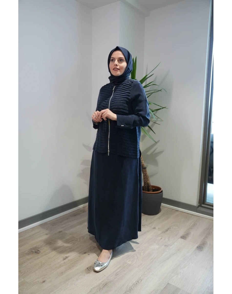 Miss Dalida T26Y-8212-2013 Lacivert Fermuarlı Şık Cupro Ceket Etek Takım