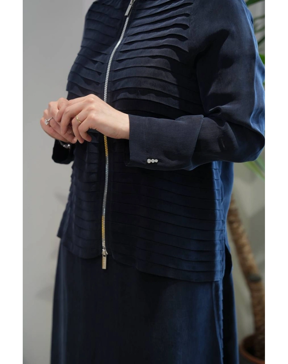 Miss Dalida T26Y-8212-2013 Lacivert Fermuarlı Şık Cupro Ceket Etek Takım
