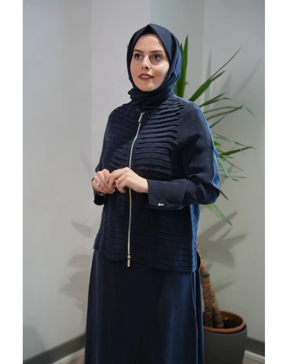 Miss Dalida T26Y-8212-2013 Lacivert Fermuarlı Şık Cupro Ceket Etek Takım