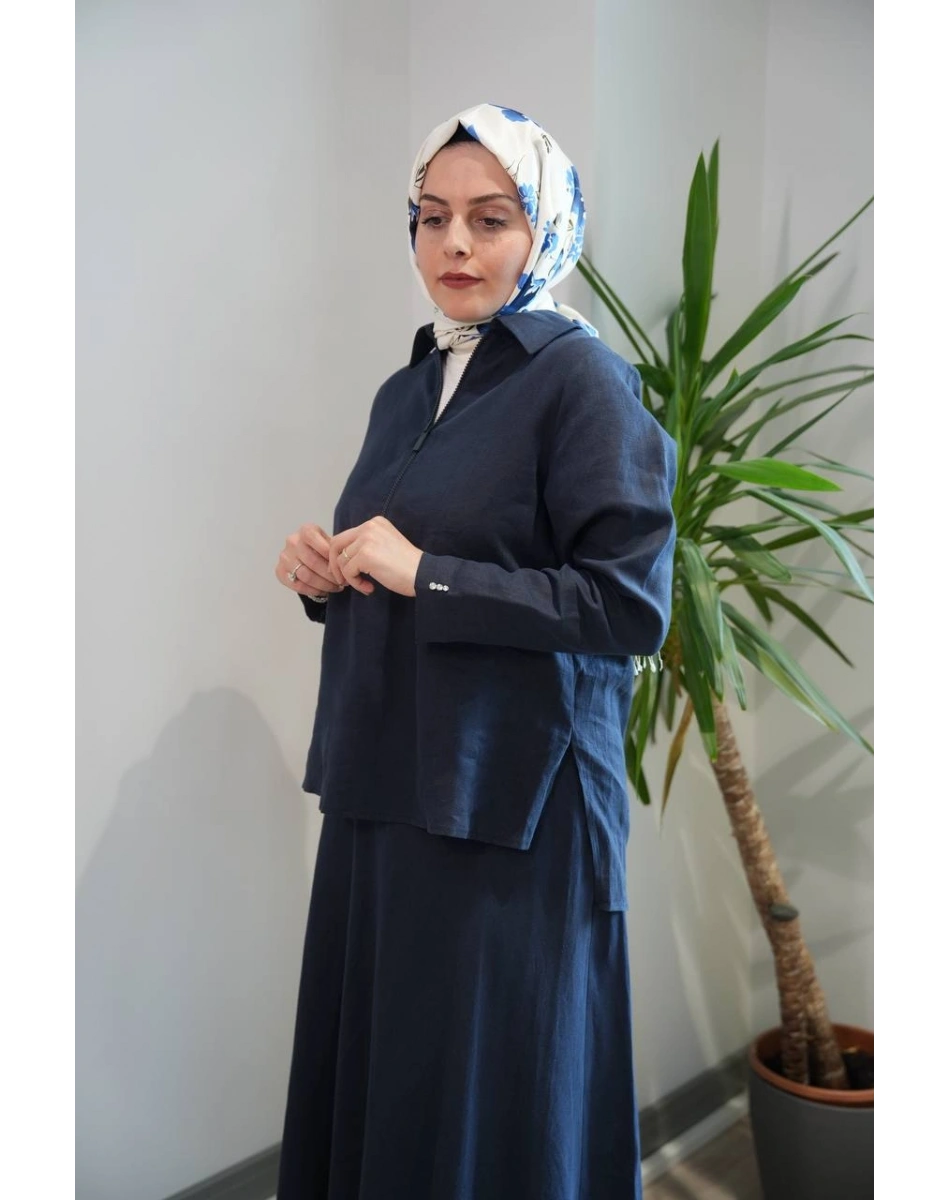 Miss Dalida 2266255-2262258 Lacivert Önü Fermuarlı Keten Gömlek Etek Takım