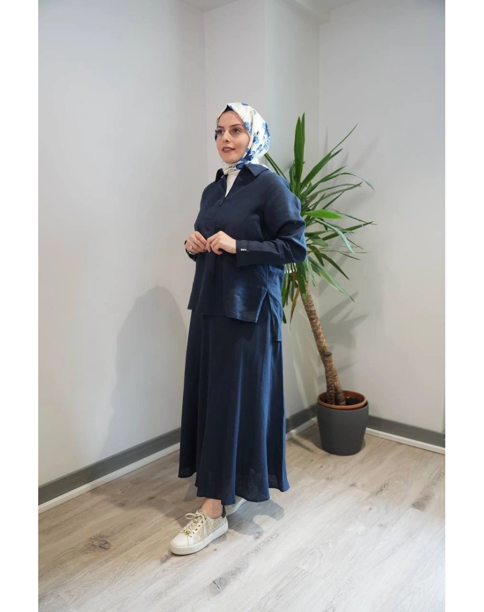 Miss Dalida 2266255-2262258 Lacivert Önü Fermuarlı Keten Gömlek Etek Takım