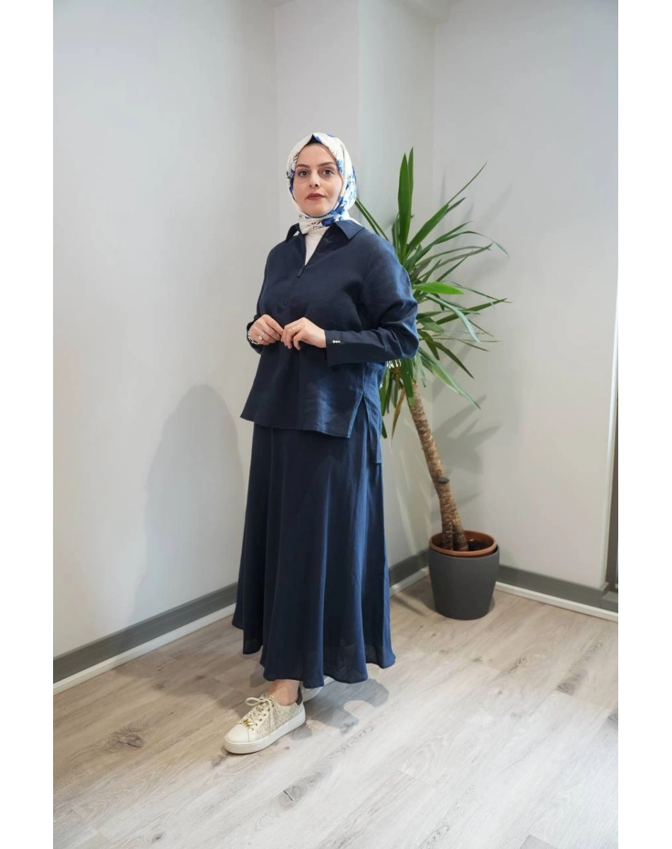 Miss Dalida 2266255-2262258 Lacivert Önü Fermuarlı Keten Gömlek Etek Takım