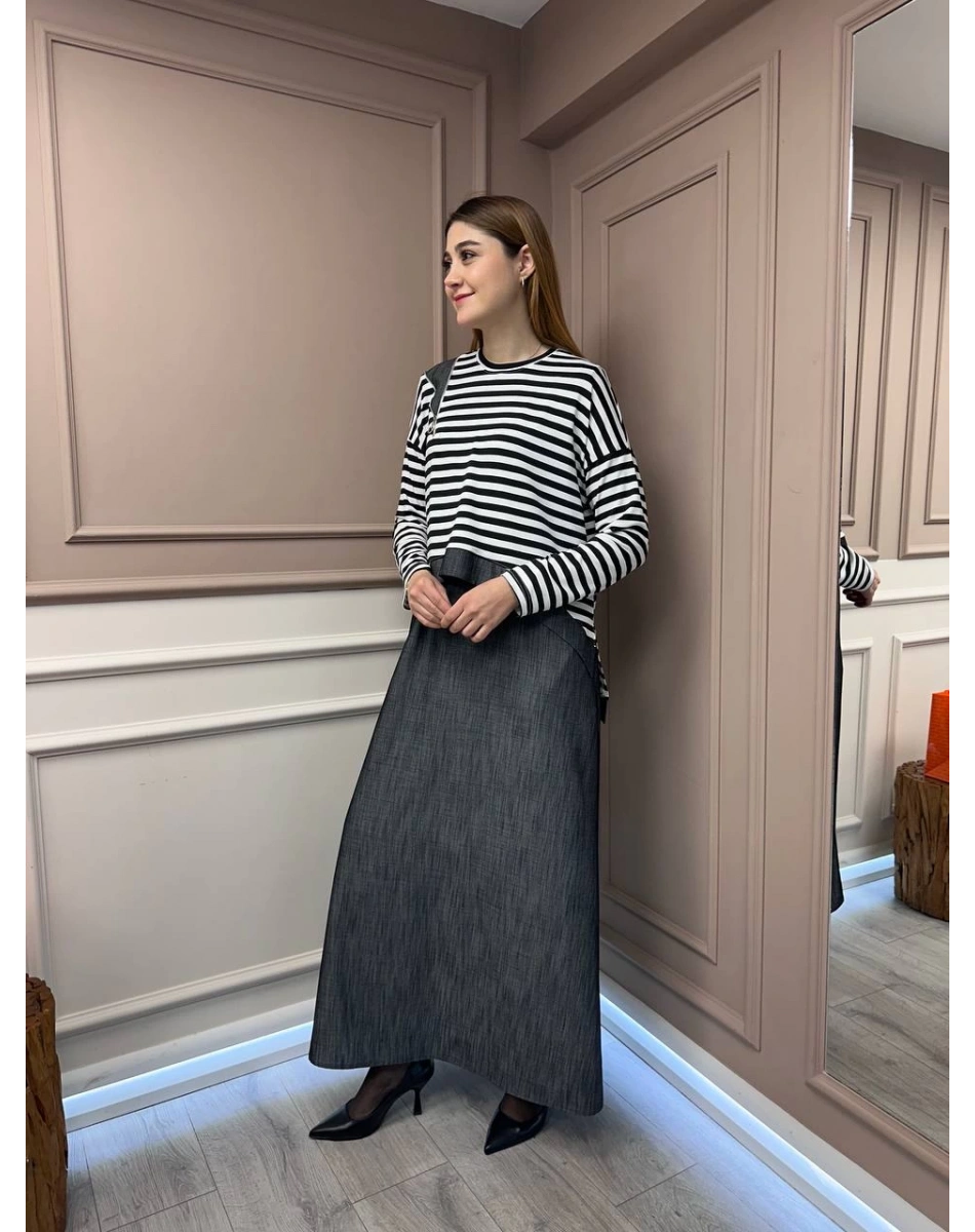 Almarwah Black 202630 Siyah Üstü Çizgili Elbise