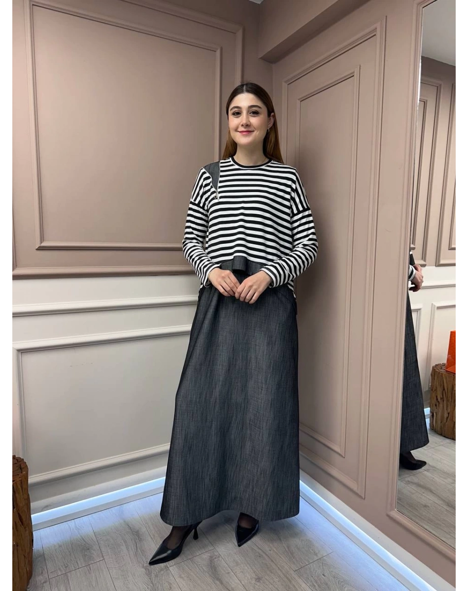 Almarwah Black 202630 Siyah Üstü Çizgili Elbise