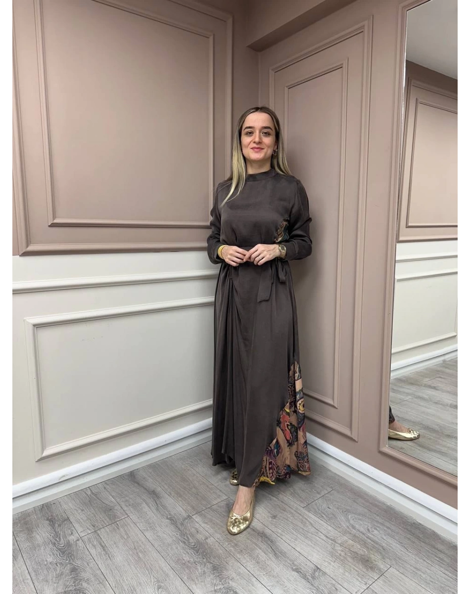 Almarwah Black 303836 Kahverengi Parça Desenli Elbise