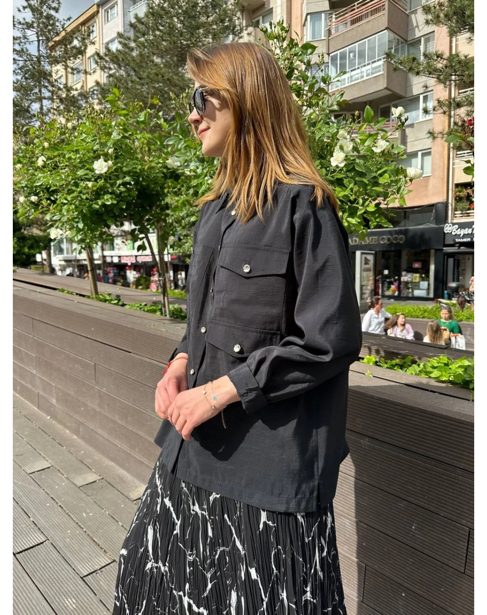 Ceremony 5135 Siyah Üç Cepli Önden Düğmeli Kısa Gömlek
