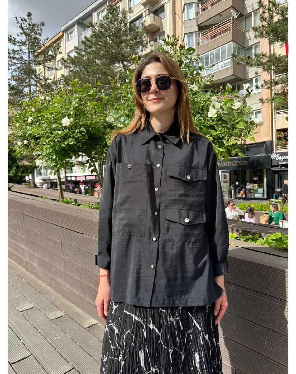 Ceremony 5135 Siyah Üç Cepli Önden Düğmeli Kısa Gömlek