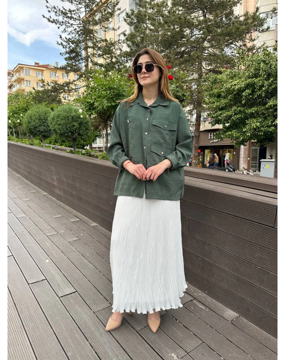 Ceremony 5135 Turmalin Yeşil Üç Cepli Önden Düğmeli Kısa Gömlek
