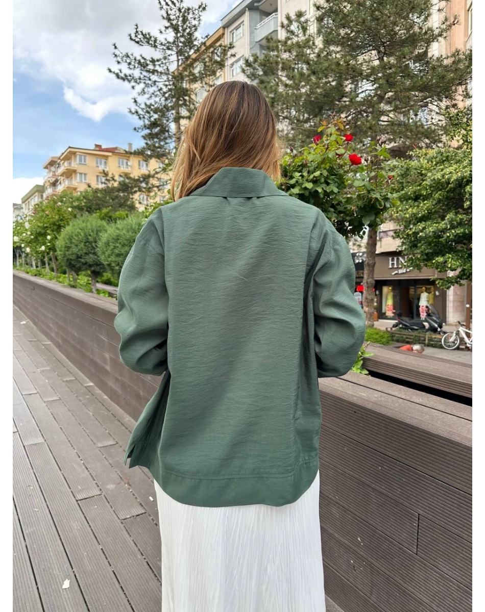 Ceremony 5135 Turmalin Yeşil Üç Cepli Önden Düğmeli Kısa Gömlek