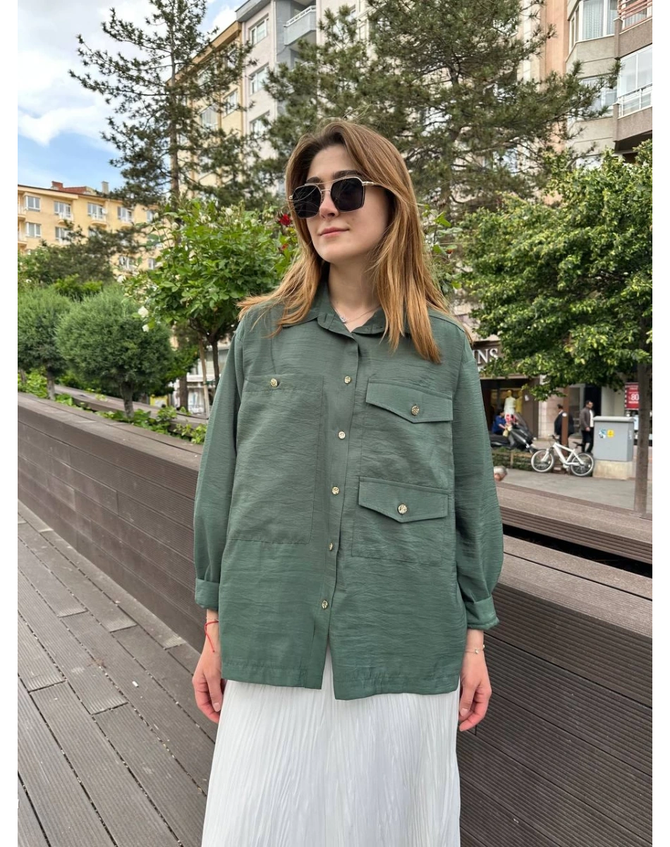 Ceremony 5135 Turmalin Yeşil Üç Cepli Önden Düğmeli Kısa Gömlek