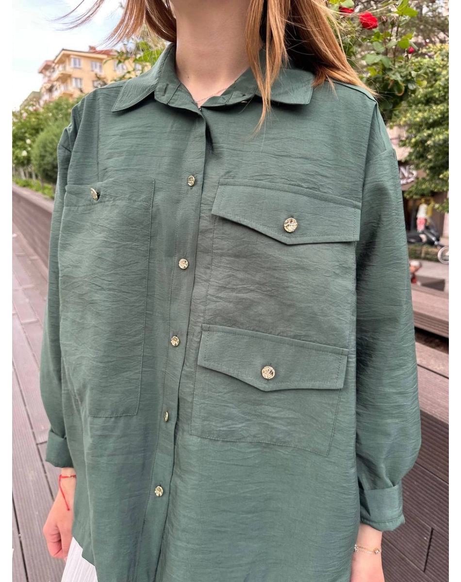 Ceremony 5135 Turmalin Yeşil Üç Cepli Önden Düğmeli Kısa Gömlek
