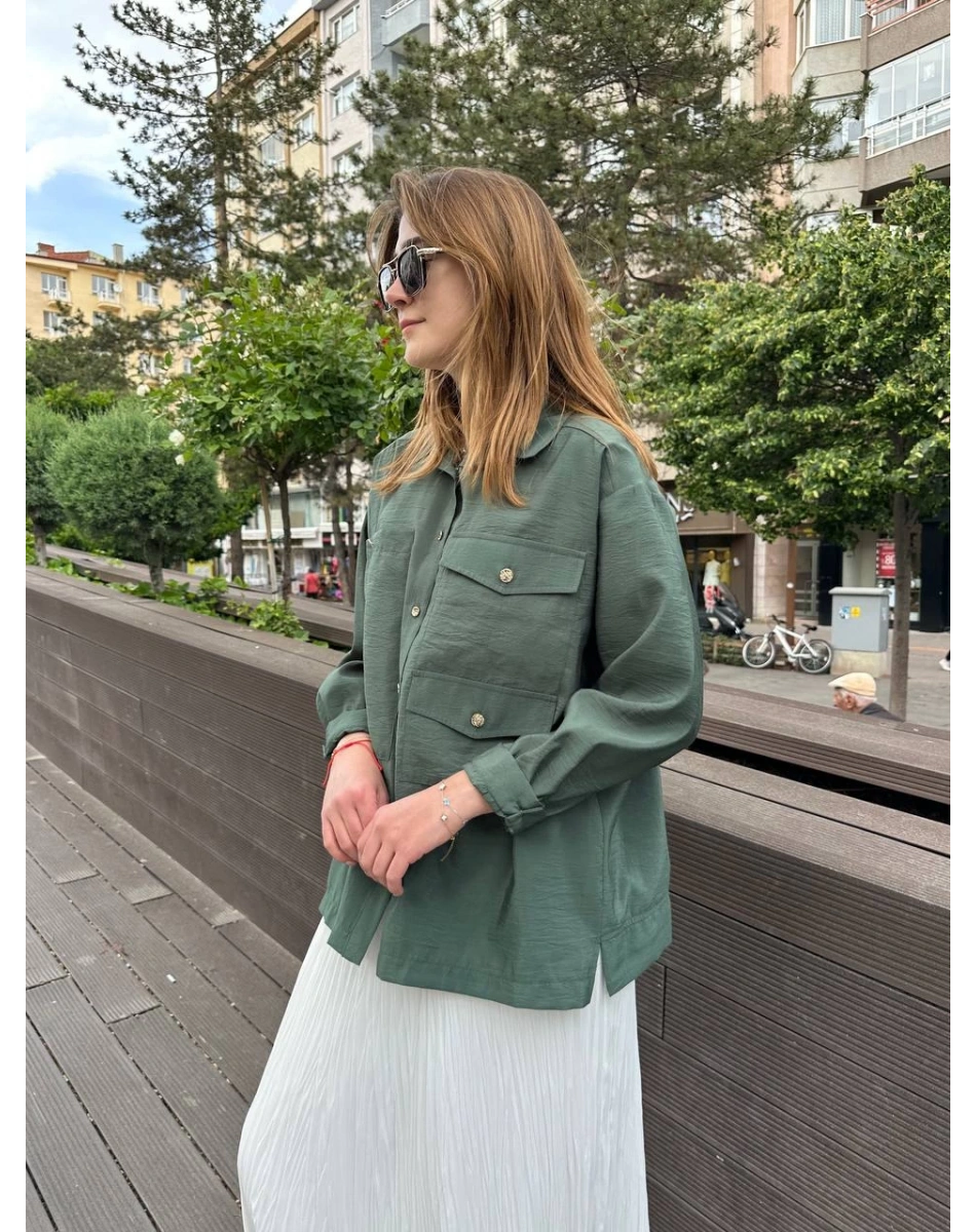 Ceremony 5135 Turmalin Yeşil Üç Cepli Önden Düğmeli Kısa Gömlek