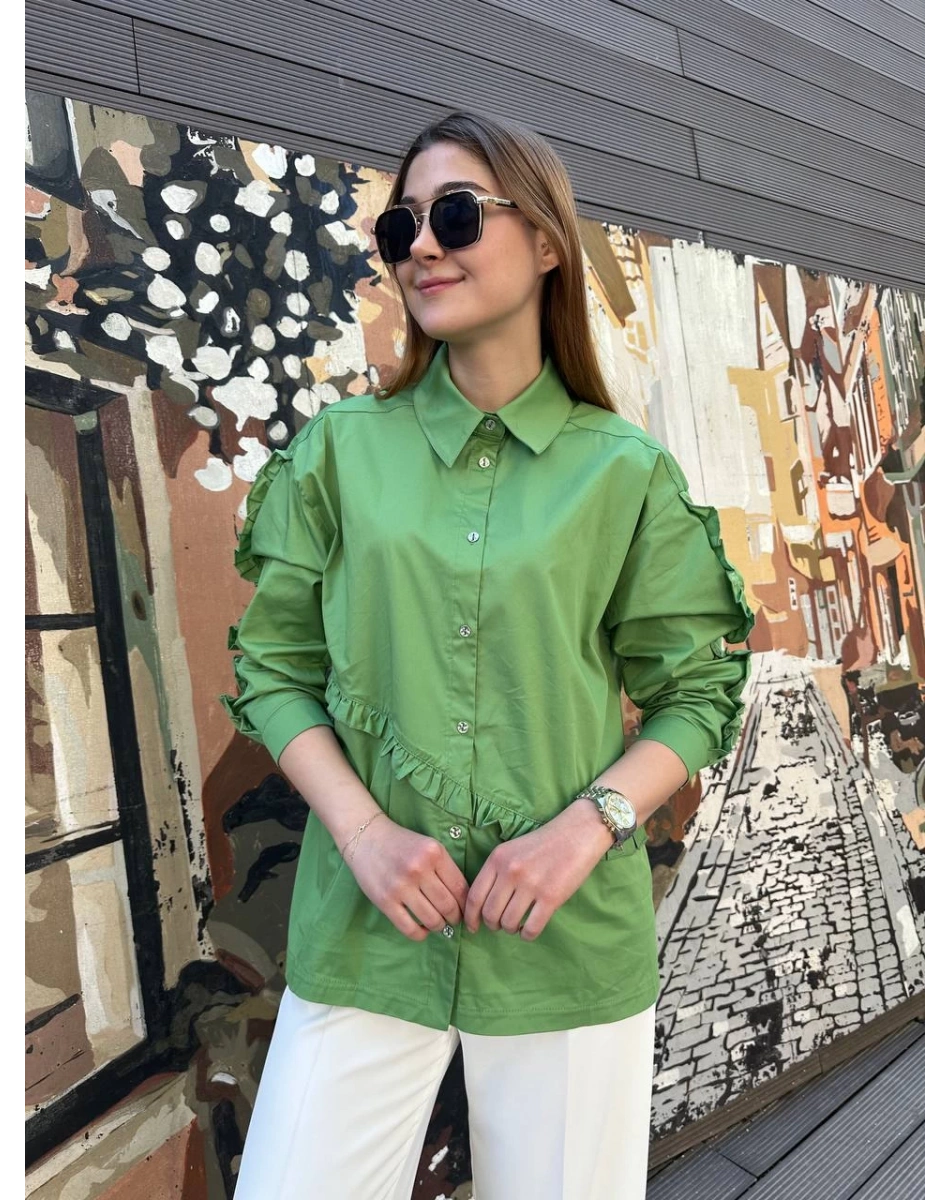Ceremony 5158 Yeşil Kolları Ve Önü Fırfır Detaylı Gömlek