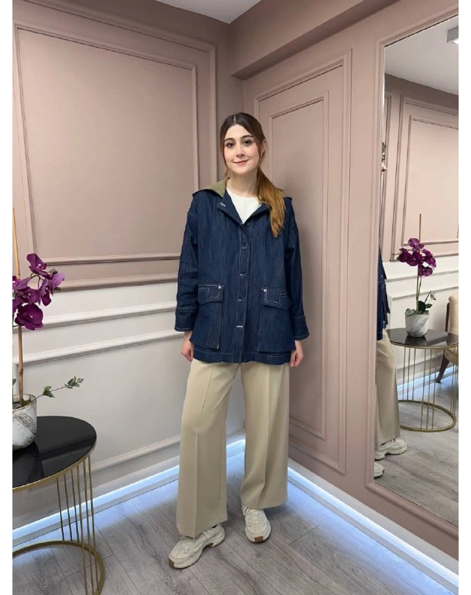 Ceremony 5829 Lacivert Kapişonlu Kolları İşlemeli Denim Kap