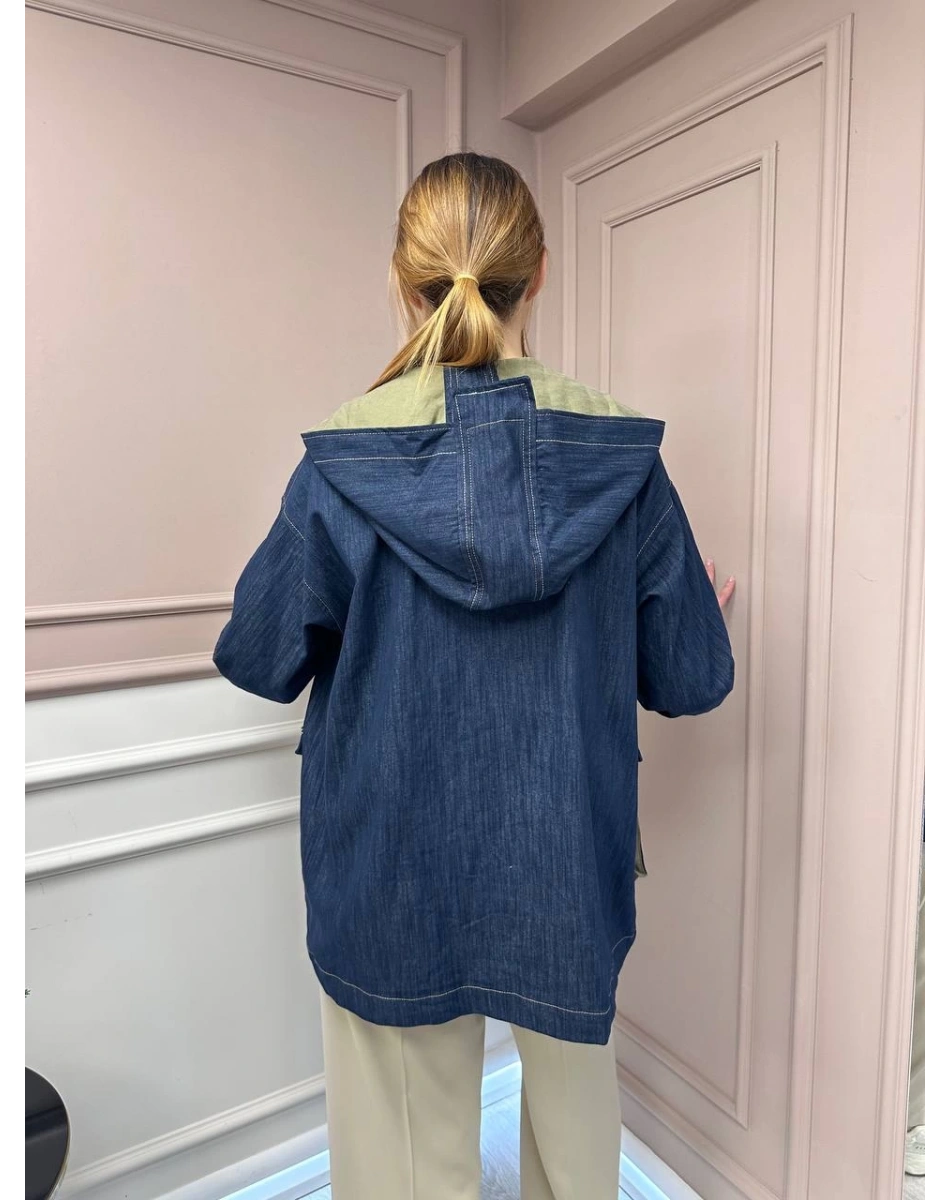 Ceremony 5829 Lacivert Kapişonlu Kolları İşlemeli Denim Kap