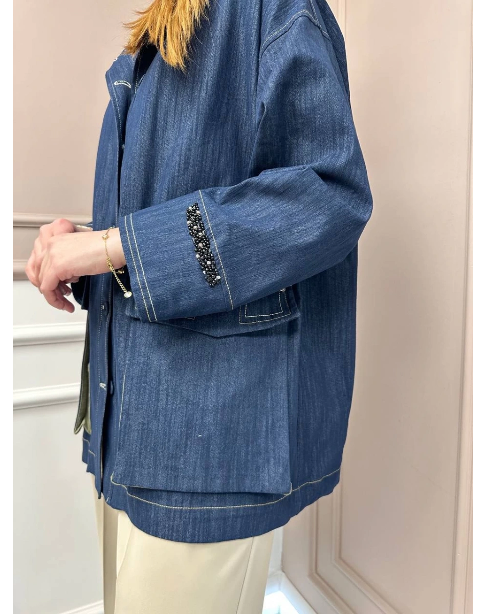 Ceremony 5829 Lacivert Kapişonlu Kolları İşlemeli Denim Kap