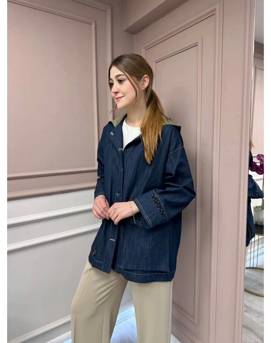 Ceremony 5829 Lacivert Kapişonlu Kolları İşlemeli Denim Kap