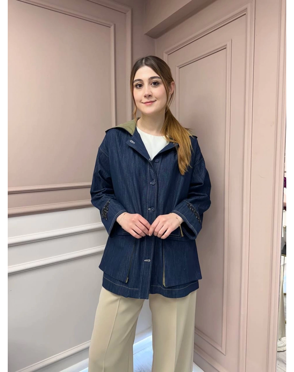 Ceremony 5829 Lacivert Kapişonlu Kolları İşlemeli Denim Kap