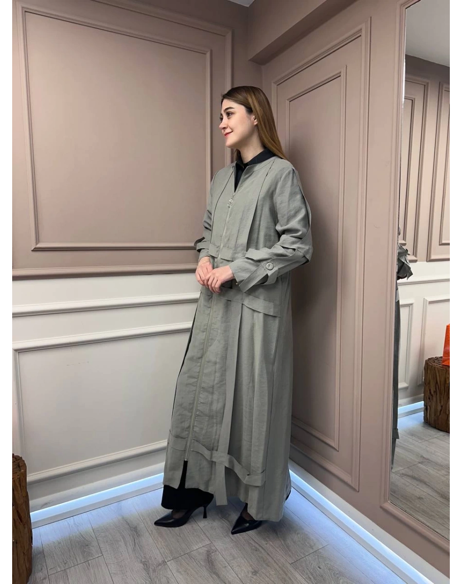 Ceremony 5856 Gri Kafes Detaylı Fermuarlı Ferace