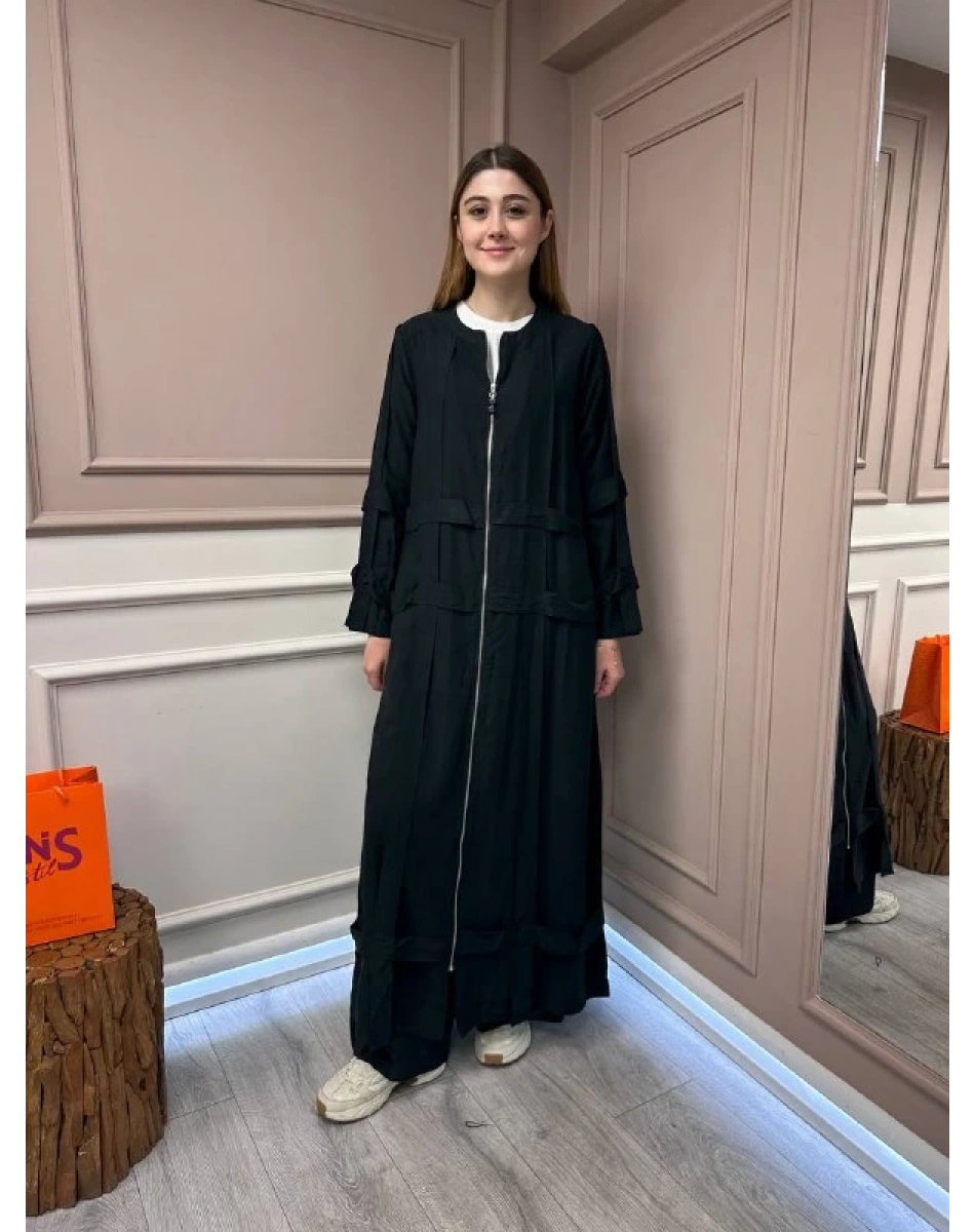 Ceremony 5856 Siyah Kafes Detaylı Fermuarlı Ferace