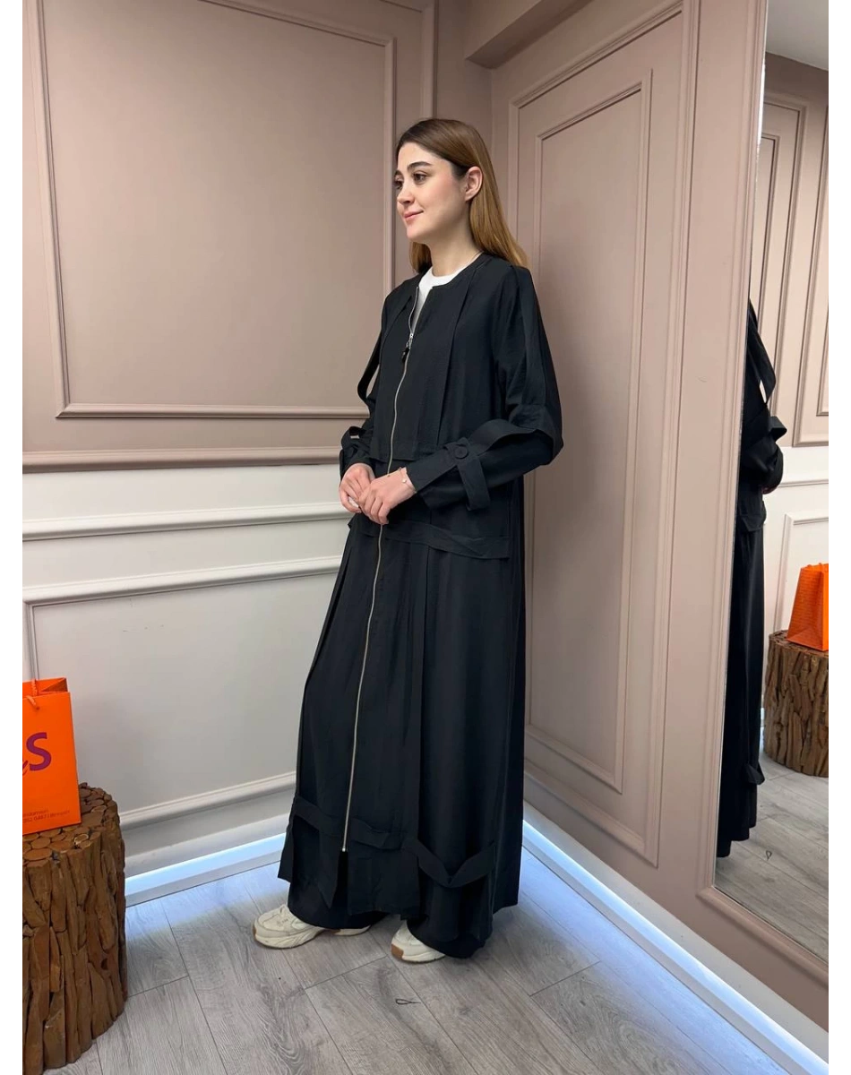 Ceremony 5856 Siyah Kafes Detaylı Fermuarlı Ferace