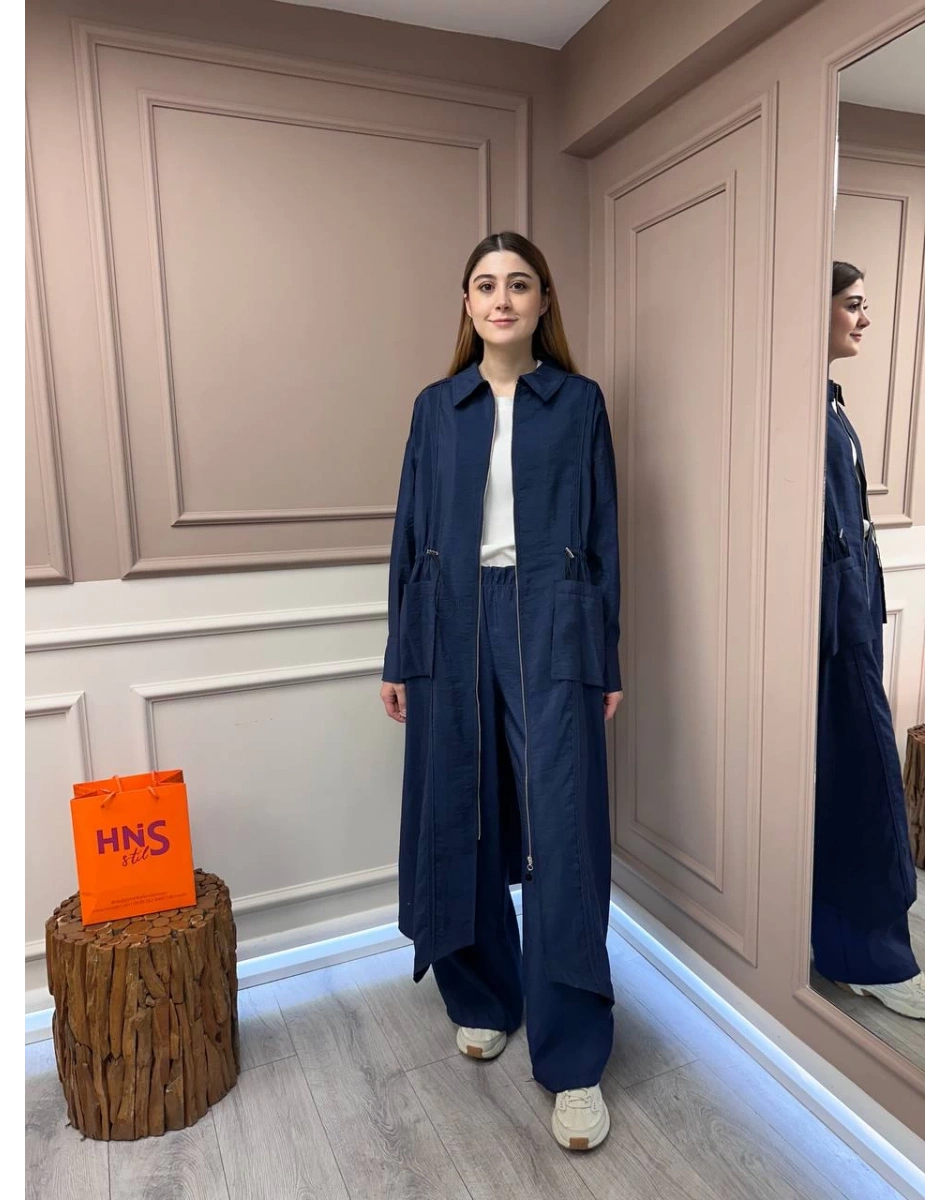 Ceremony 5878 Lacivert Önden Fermuarlı Belden Büzgülü Ceket