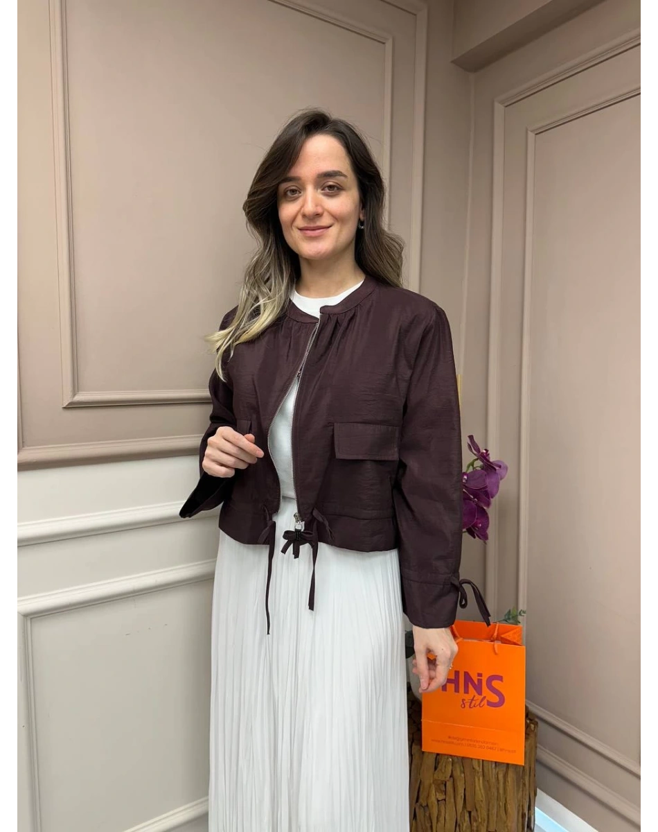 Ceremony 5899 Kızıl Kahve Etek Ucu Ve Kolları Büzgülü Önden Fermuarlı Ceket