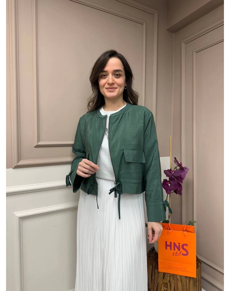 Ceremony 5899 Turmalin Yeşil Etek Ucu Ve Kolları Büzgülü Önden Fermuarlı Ceket