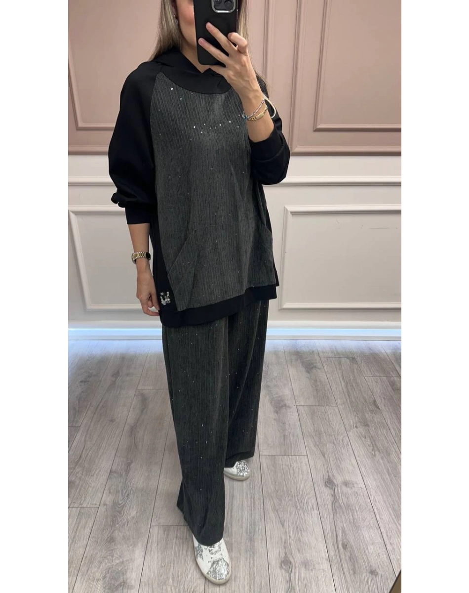 Ceremony 6132 Gri Kadife Pul Detaylı İkili Takım