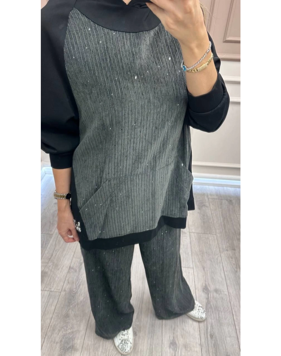 Ceremony 6132 Gri Kadife Pul Detaylı İkili Takım