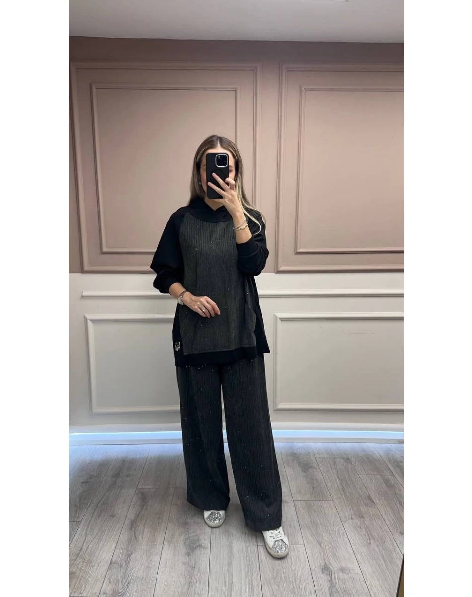 Ceremony 6132 Gri Kadife Pul Detaylı İkili Takım