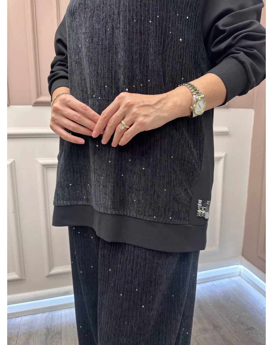 Ceremony 6132 Siyah Kadife Pul Detaylı İkili Takım