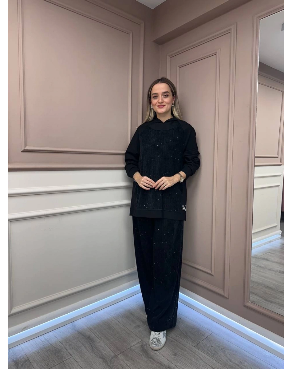 Ceremony 6132 Siyah Kadife Pul Detaylı İkili Takım