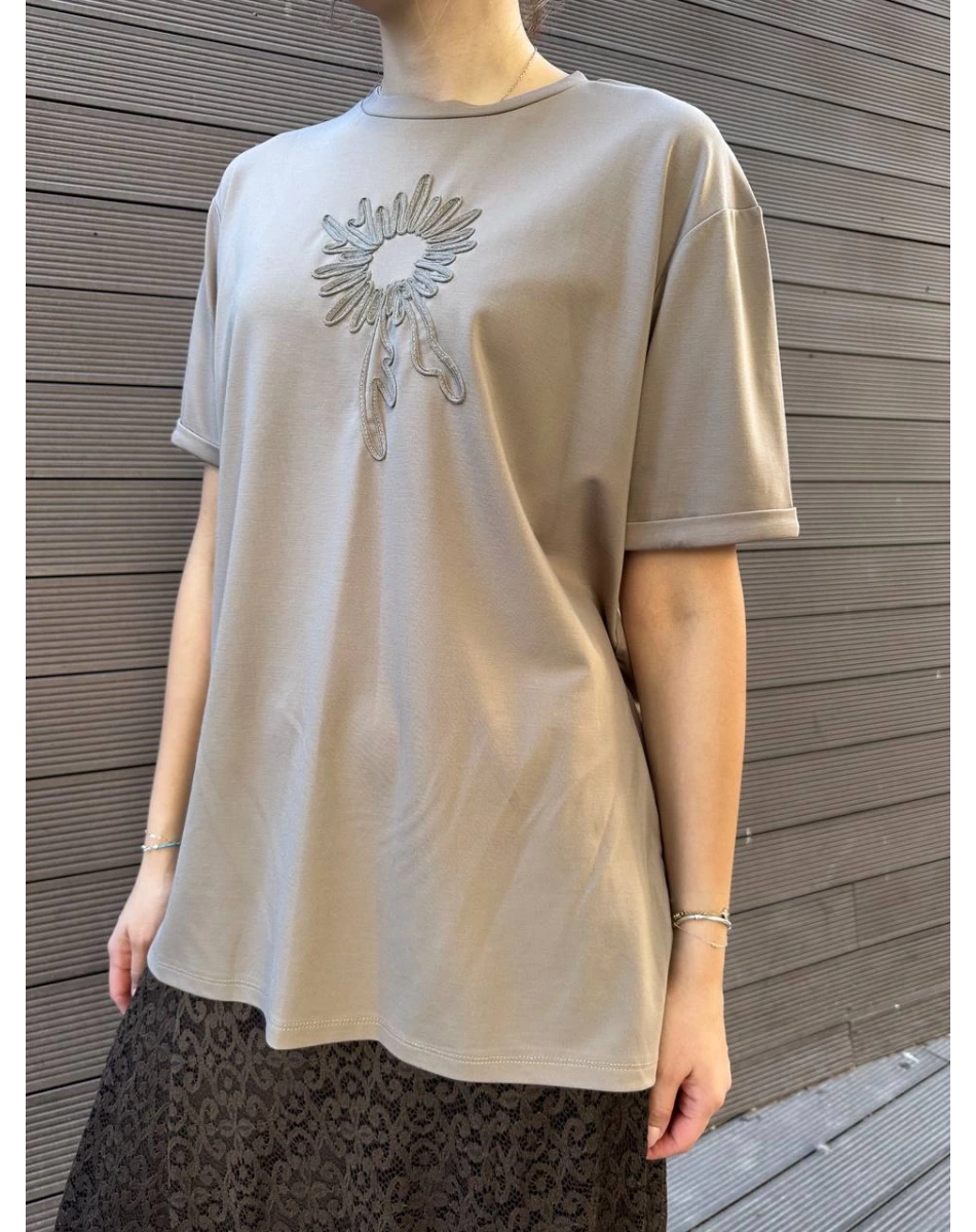 Ceremony 6138 Vizon Önü İşlemeli Kısa Kollu Bambu Bluz