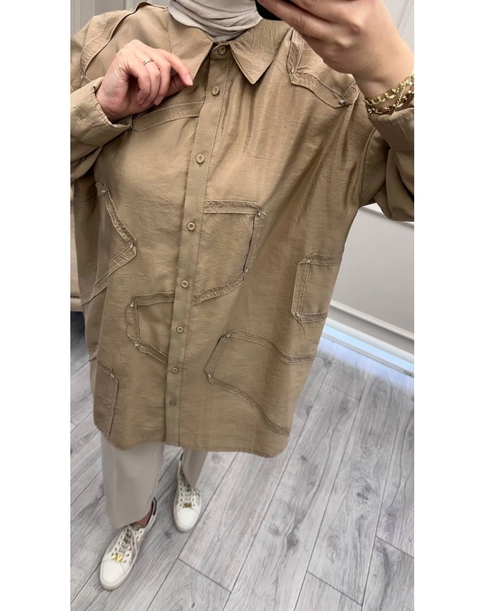 Ceremony 6146 Bej Düğmeli Dikiş Detaylı Gömlek