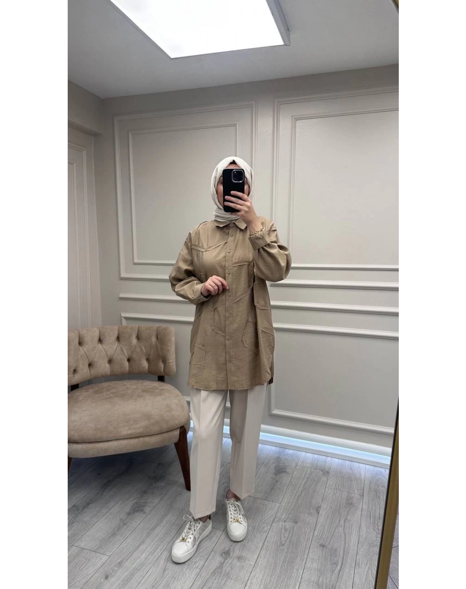 Ceremony 6146 Bej Düğmeli Dikiş Detaylı Gömlek