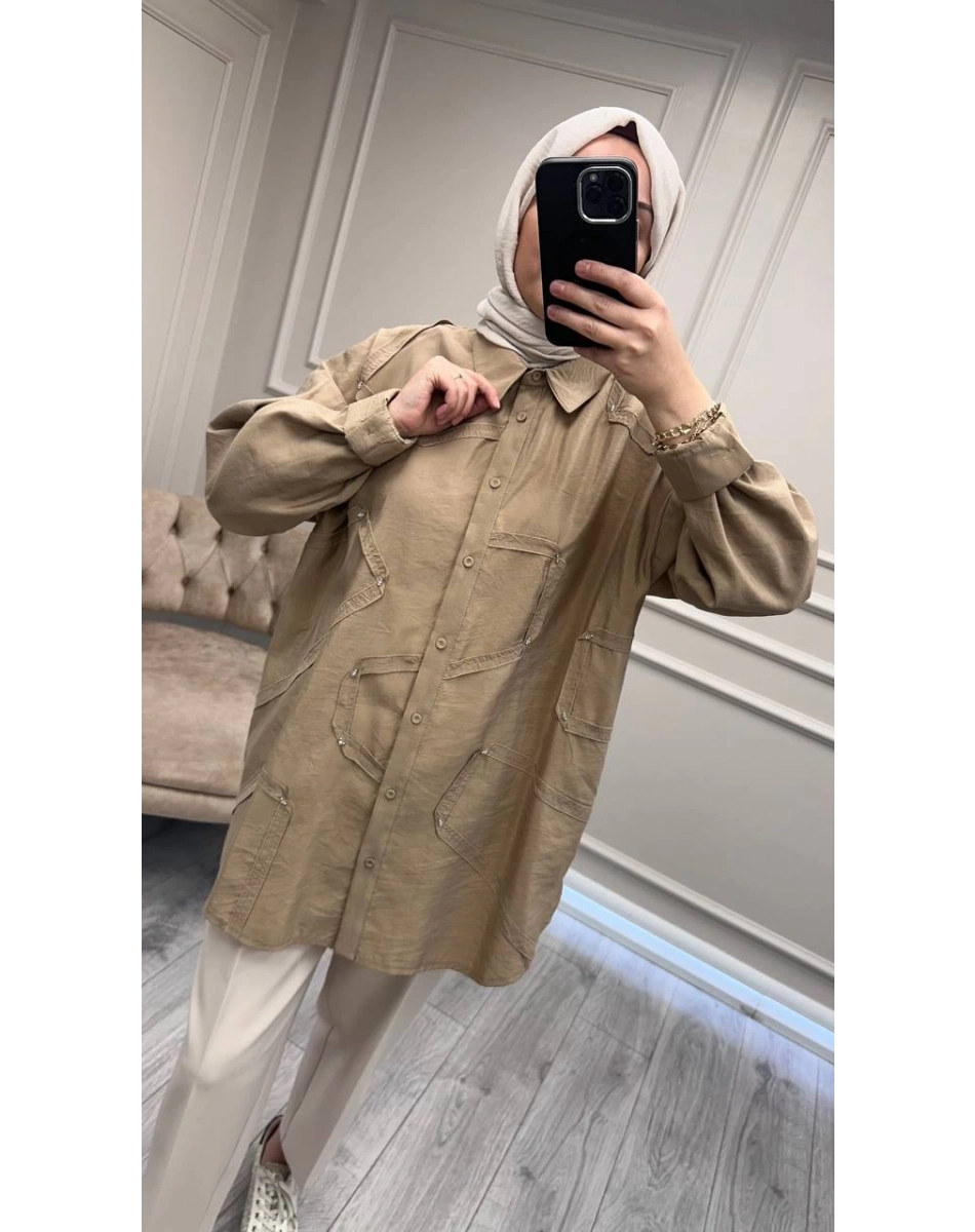 Ceremony 6146 Bej Düğmeli Dikiş Detaylı Gömlek