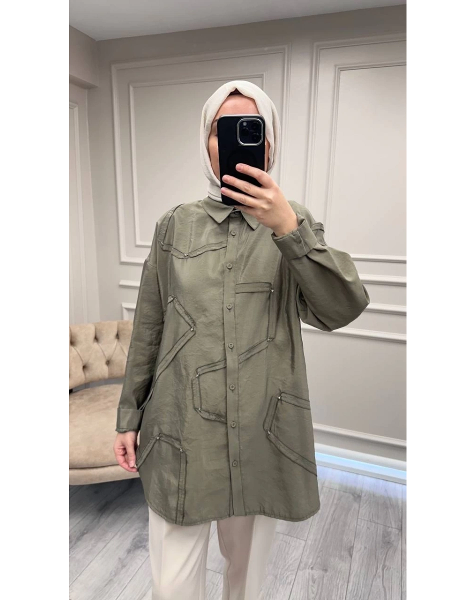 Ceremony 6146 Haki Düğmeli Dikiş Detaylı Gömlek