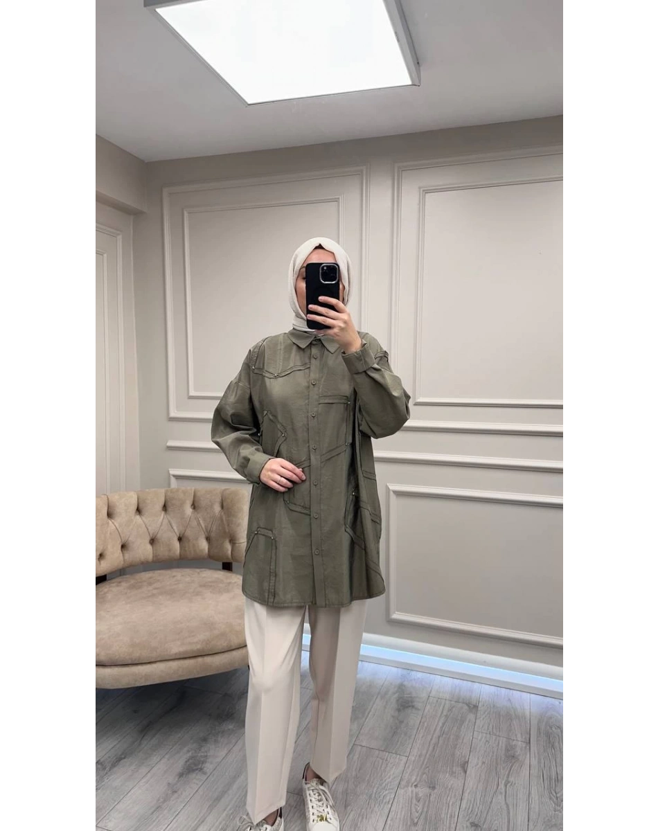 Ceremony 6146 Haki Düğmeli Dikiş Detaylı Gömlek