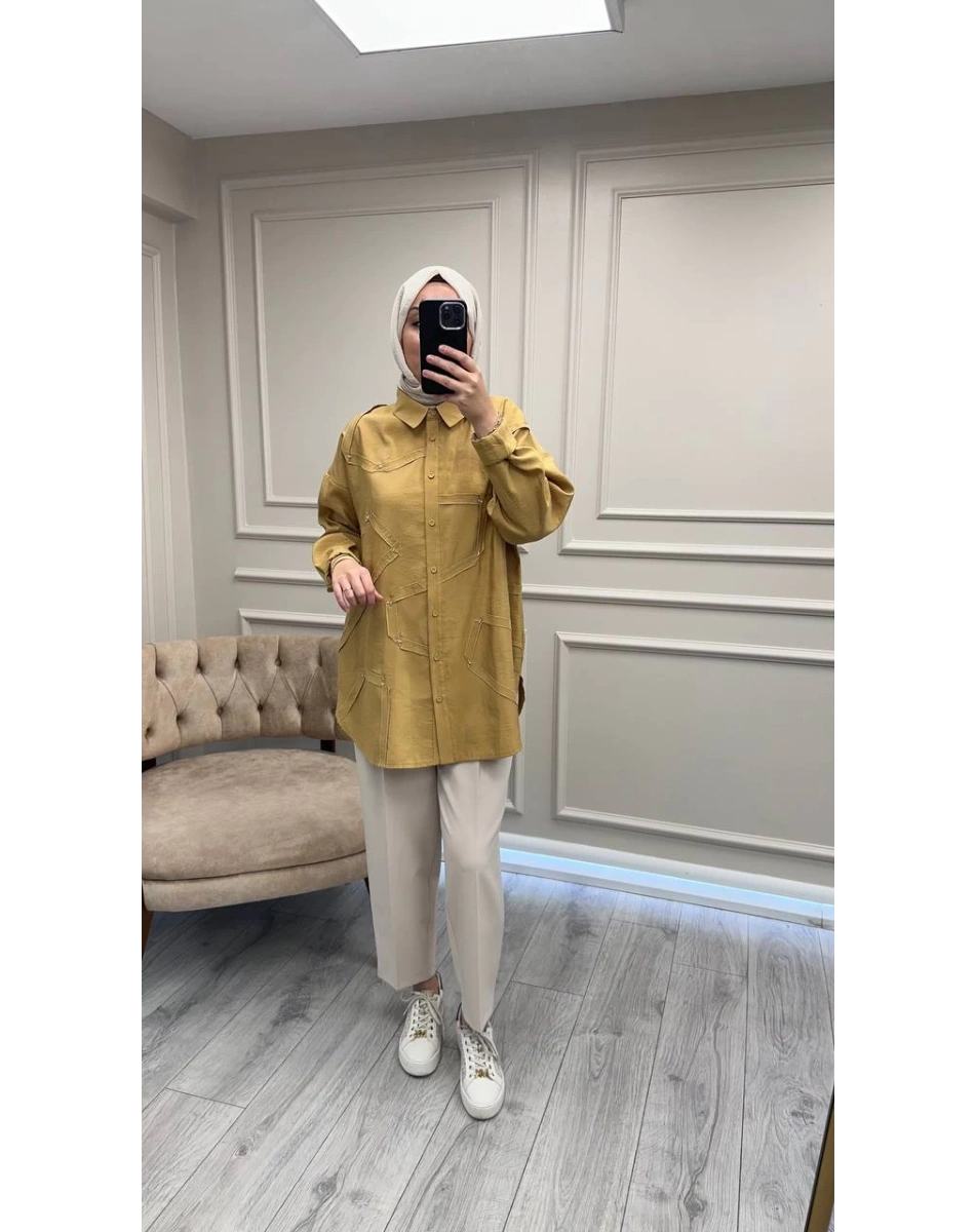 Ceremony 6146 Hardal Düğmeli Dikiş Detaylı Gömlek