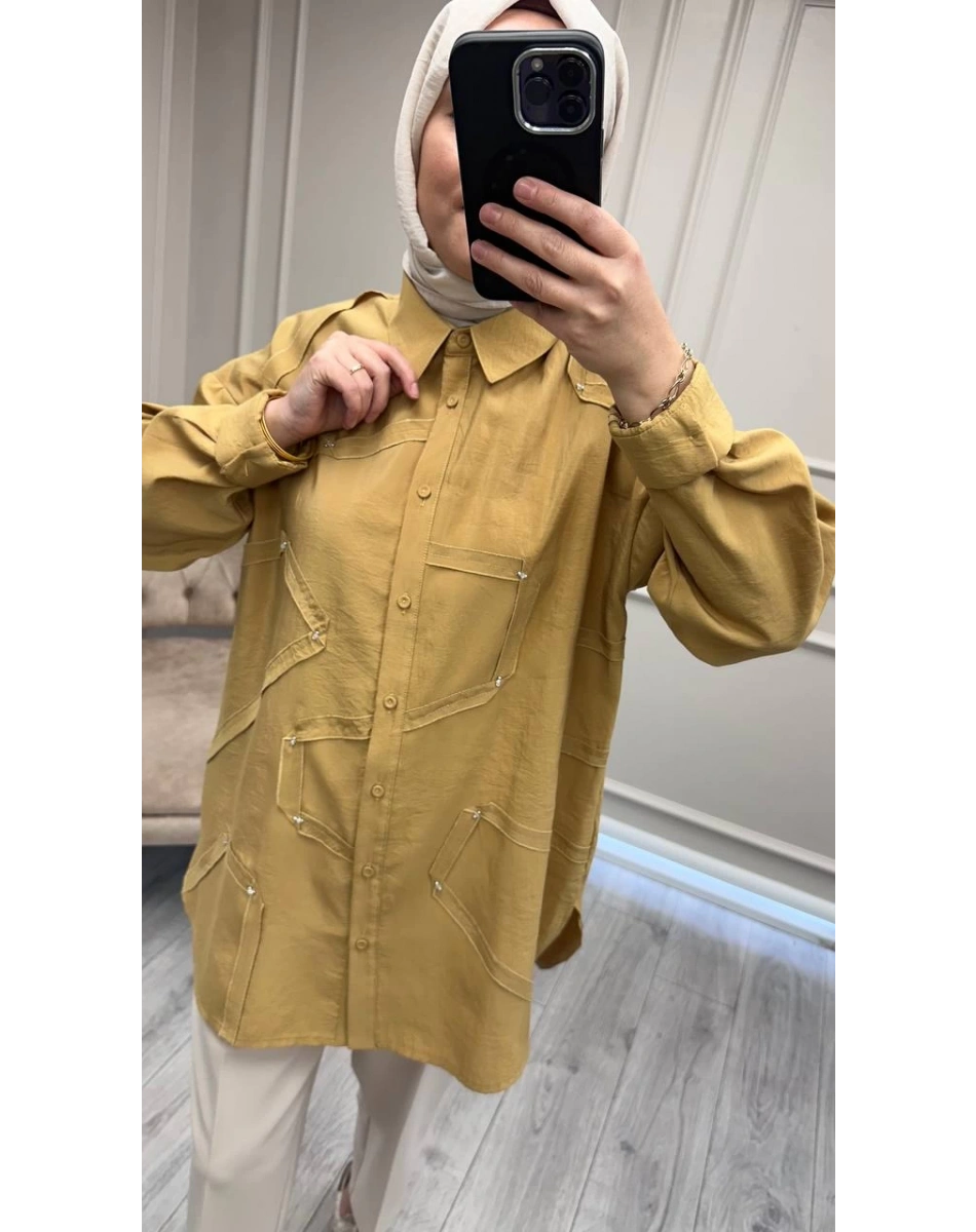 Ceremony 6146 Hardal Düğmeli Dikiş Detaylı Gömlek