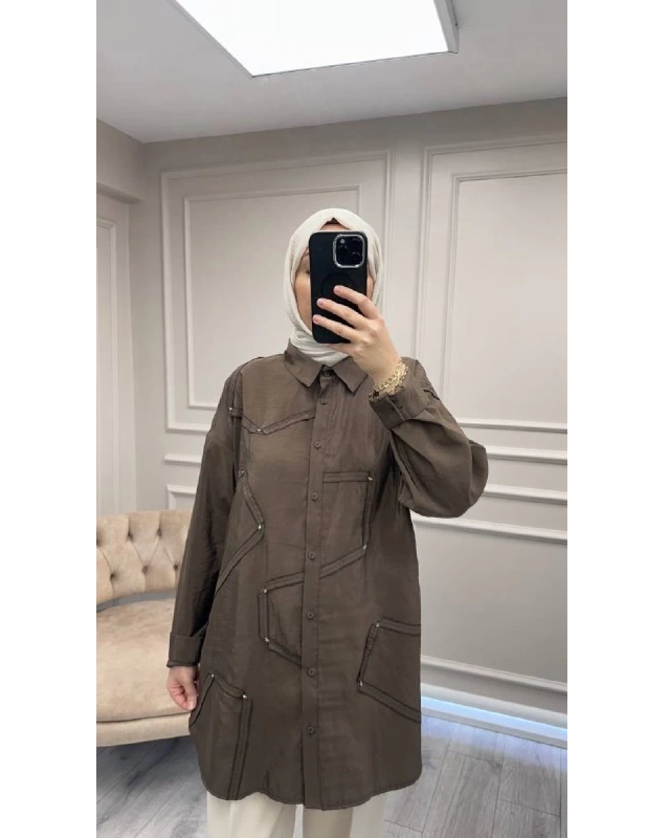 Ceremony 6146 Kahve Düğmeli Dikiş Detaylı Gömlek