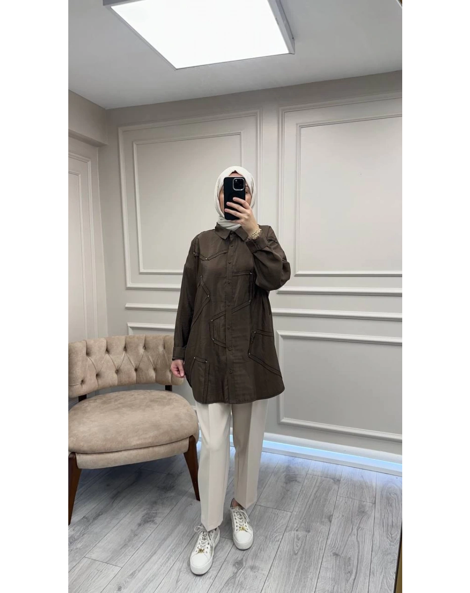 Ceremony 6146 Kahve Düğmeli Dikiş Detaylı Gömlek