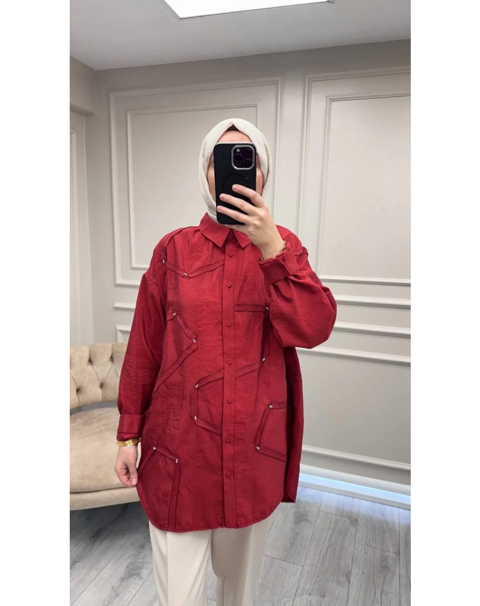 Ceremony 6146 Kırmızı Düğmeli Dikiş Detaylı Gömlek